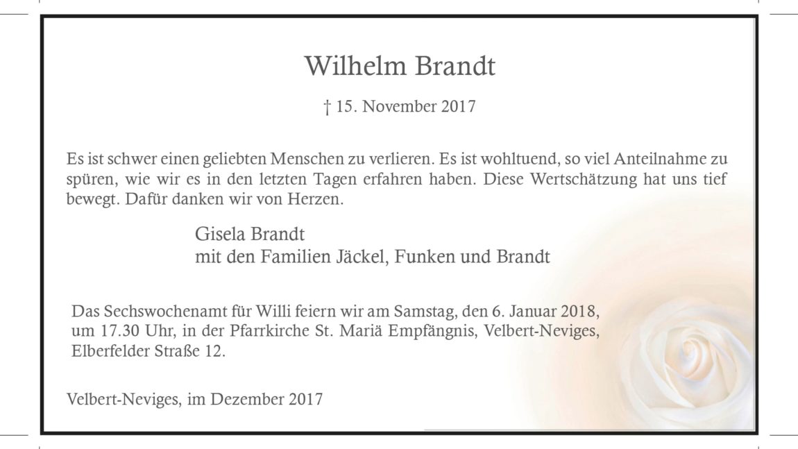 Wilhelm Brandt (Danksagung)