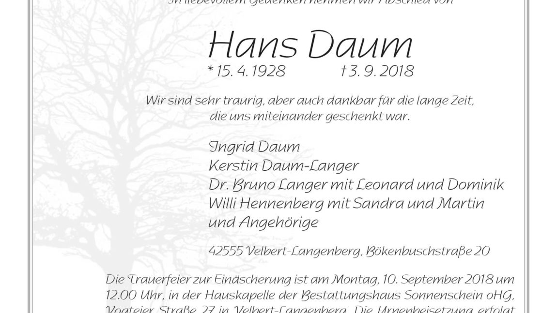 Hans Daum † 3. 9. 2018