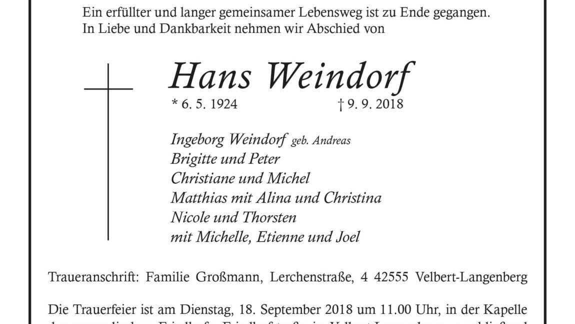 Hans Weindorf † 9. 9. 2018