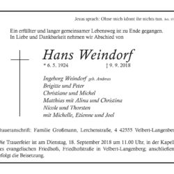 Hans Weindorf † 9. 9. 2018