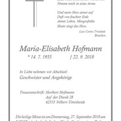 Maria-Elisabeth Hofmann † 22. 9. 2018