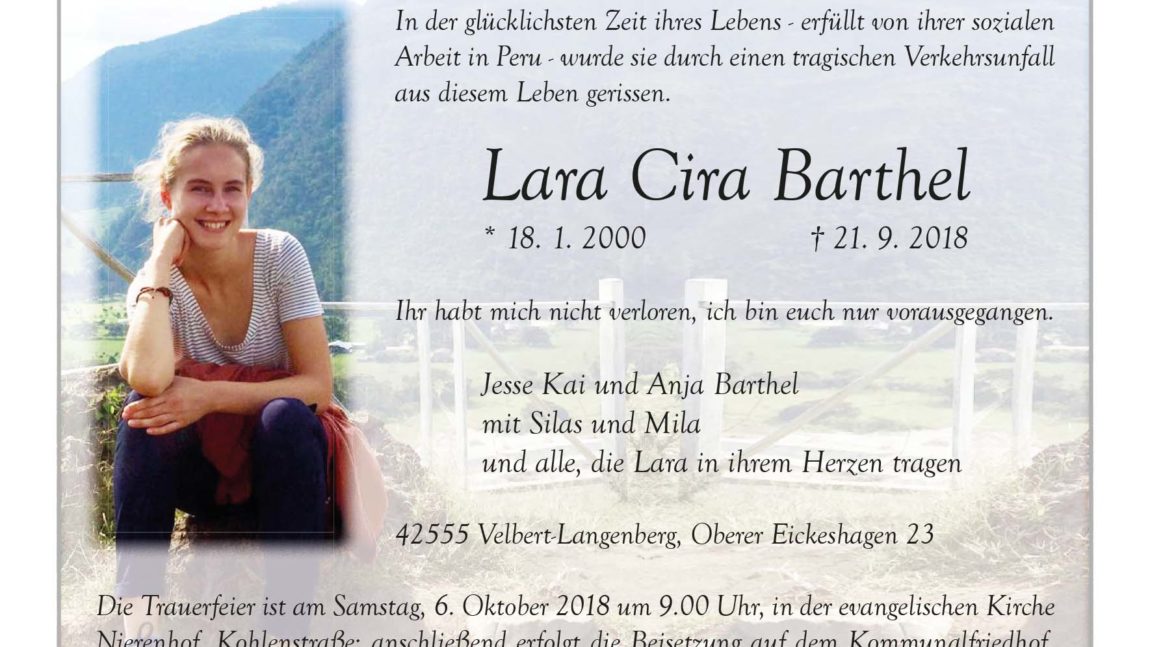 Lara Cira Barthel † 21. 9. 2018