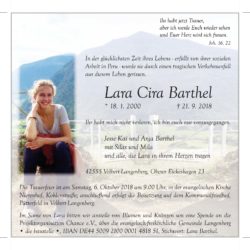 Lara Cira Barthel † 21. 9. 2018