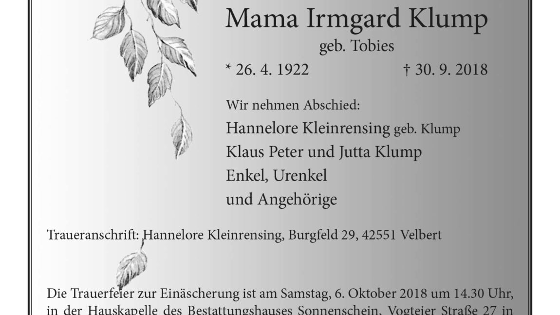 Irmgard Klump † 30. 9. 2018