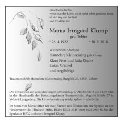 Irmgard Klump † 30. 9. 2018