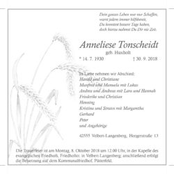 Anneliese Tonscheidt † 30. 9. 2018