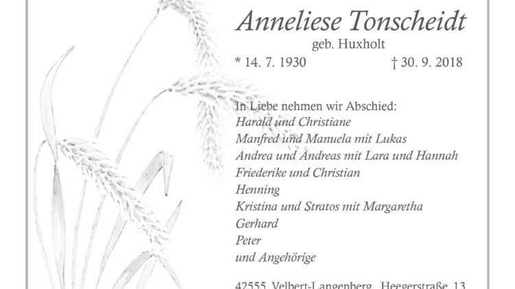 Anneliese Tonscheidt † 30. 9. 2018