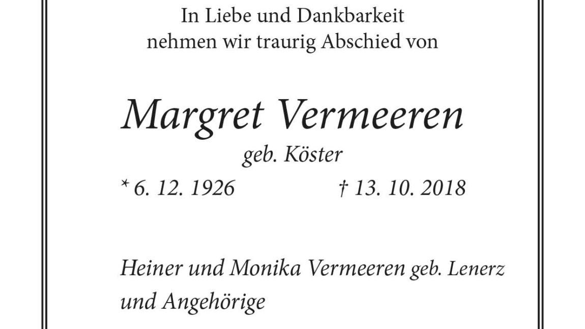 Margret Vermeeren † 13. 10. 2018