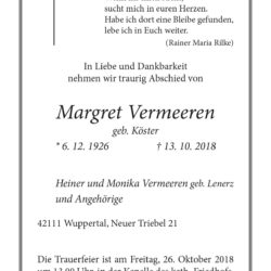 Margret Vermeeren † 13. 10. 2018