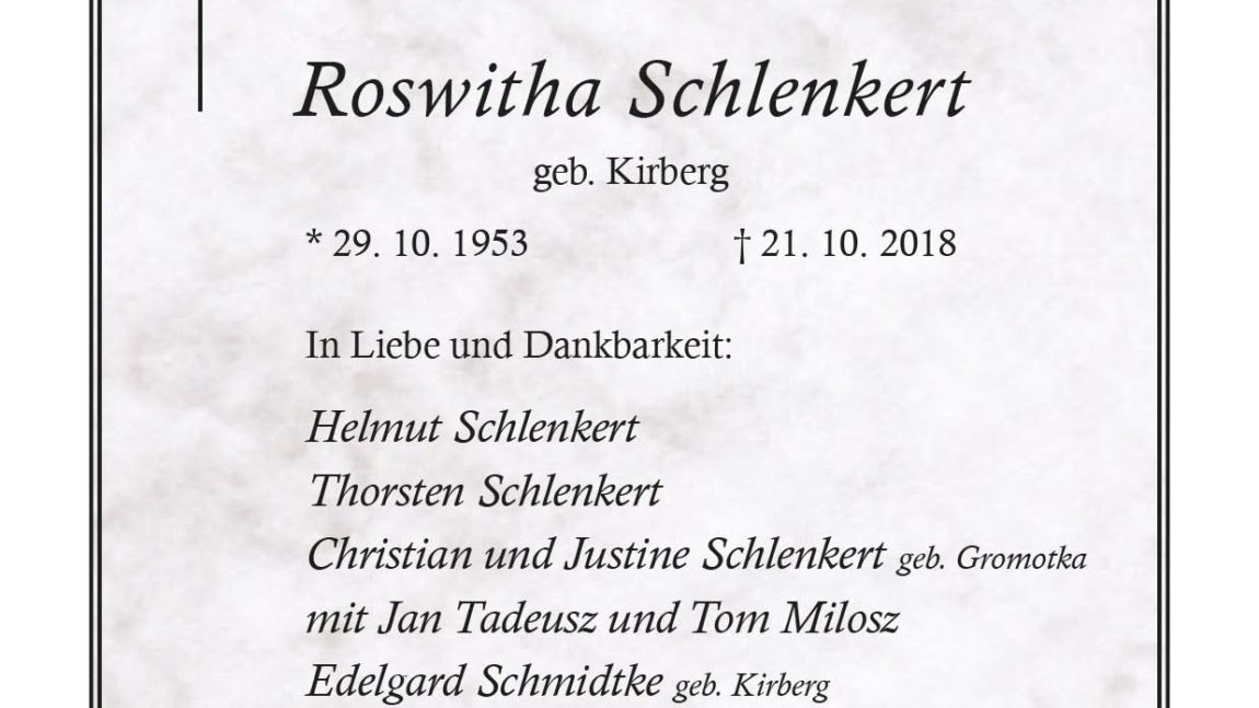 Roswitha Schlenkert † 21. 10. 2018