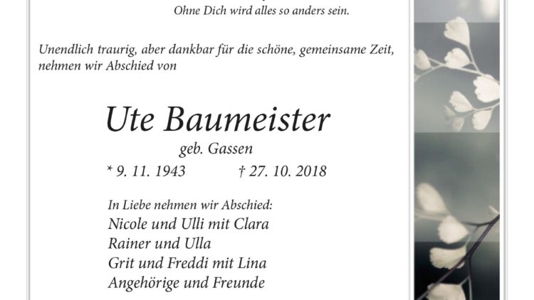 Ute Baumeister † 27. 10. 2018