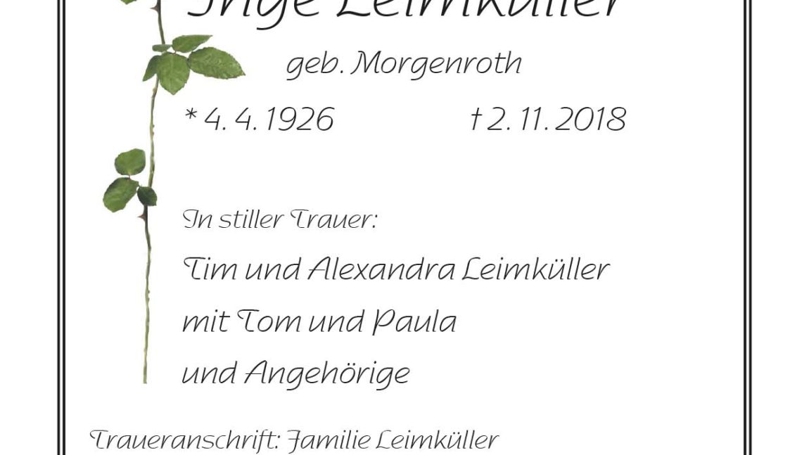Inge Leimküller † 2. 11. 2018