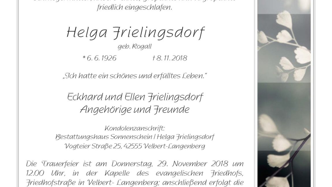 Helga Frielingsdorf † 8. 11. 2018