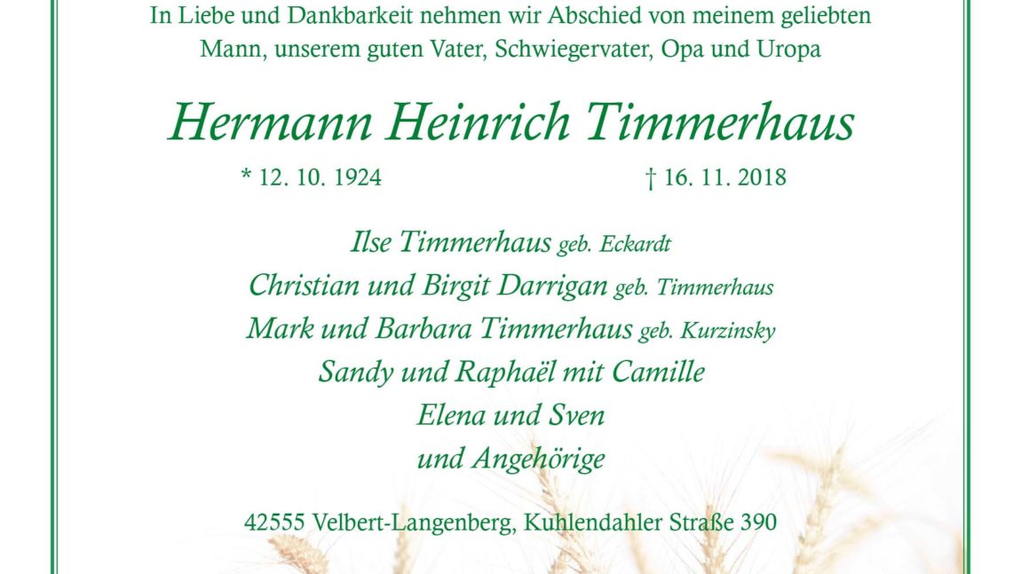 Hermann Heinrich Timmerhaus † 16. 11. 2018