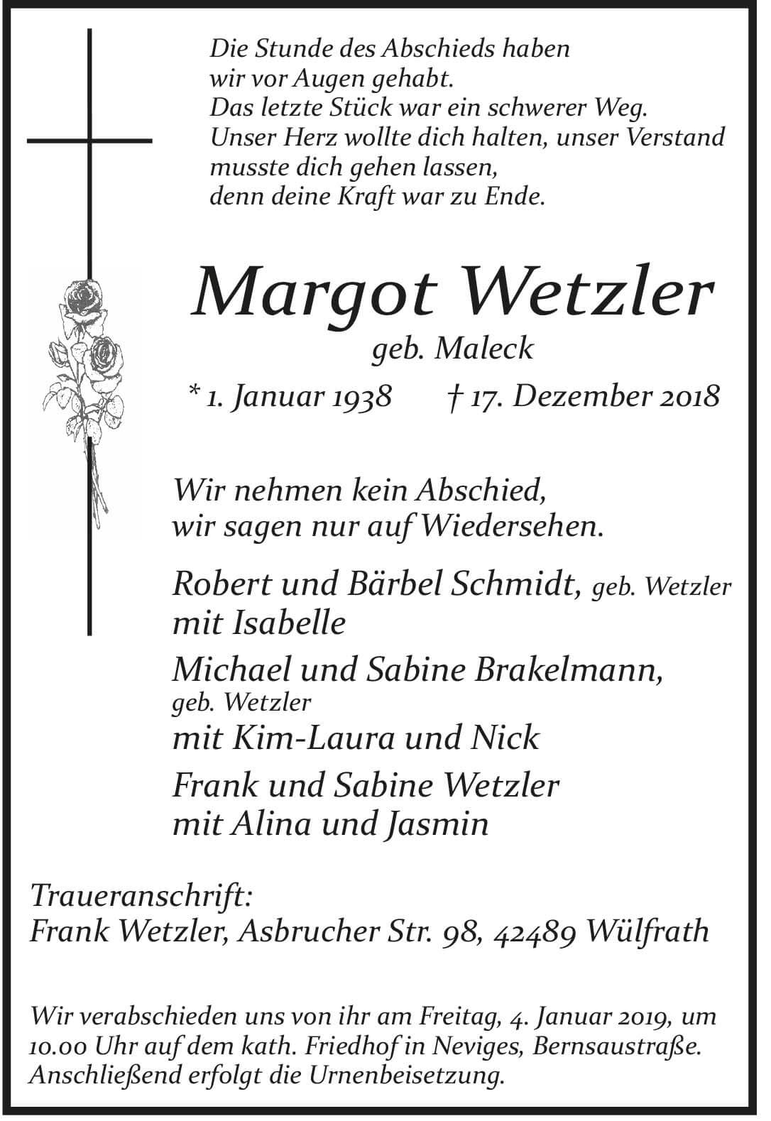 Margot Wetzler † 17. 12. 2018