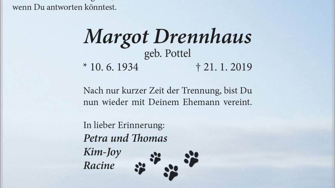 Margot Drennhaus † 21. 1. 2019