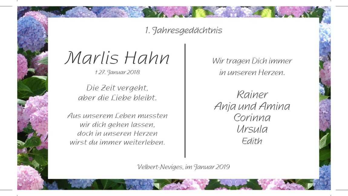 Marlis Hahn -1. Jahresgedächtnis-