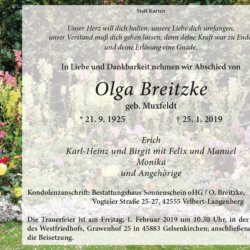 Olga Breitzke † 25. 1. 2019