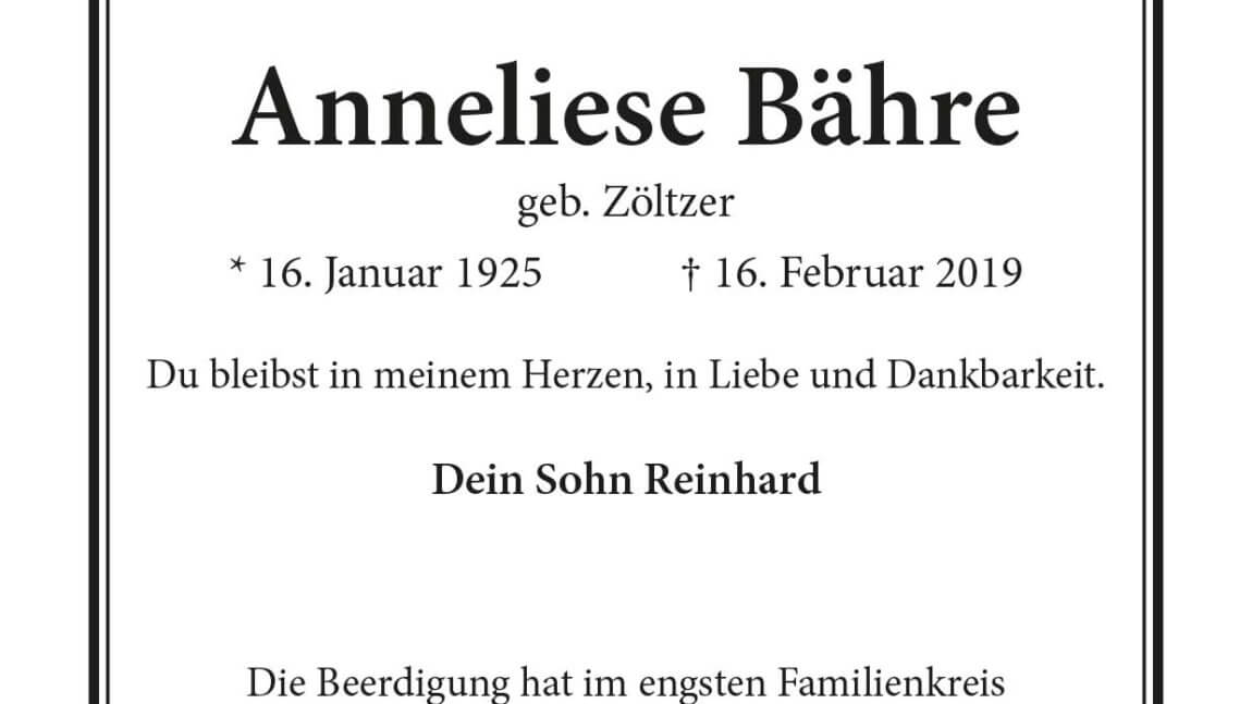 Anneliese Bähre † 16. 2. 2019