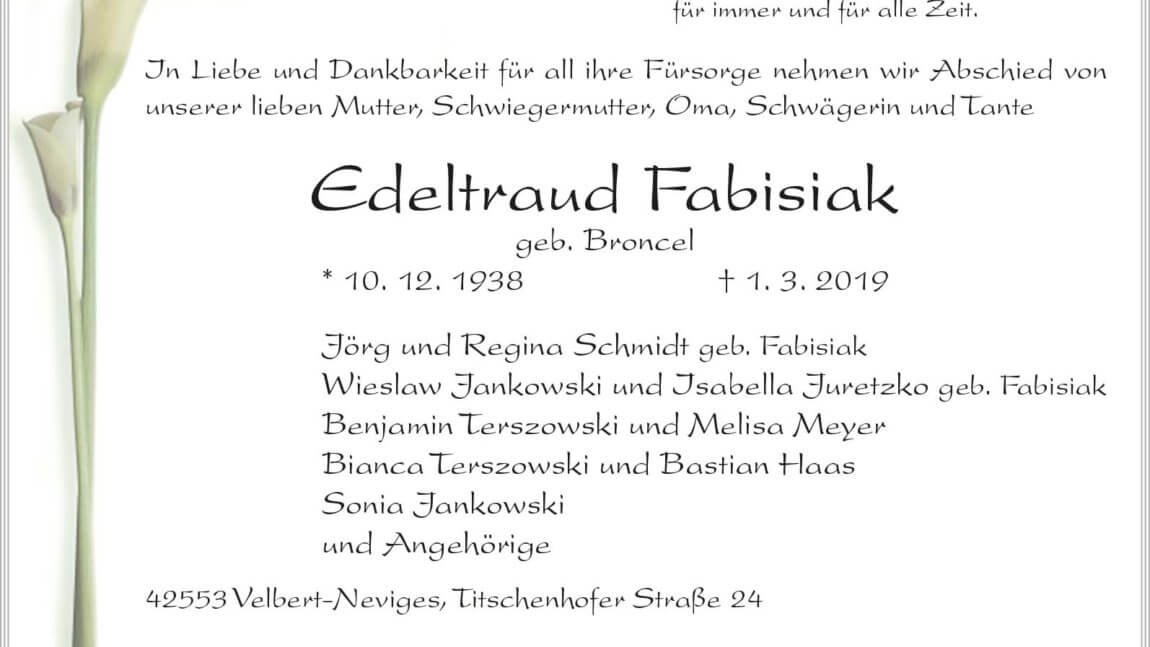 Edeltraud Fabisiak † 1. 3. 2019