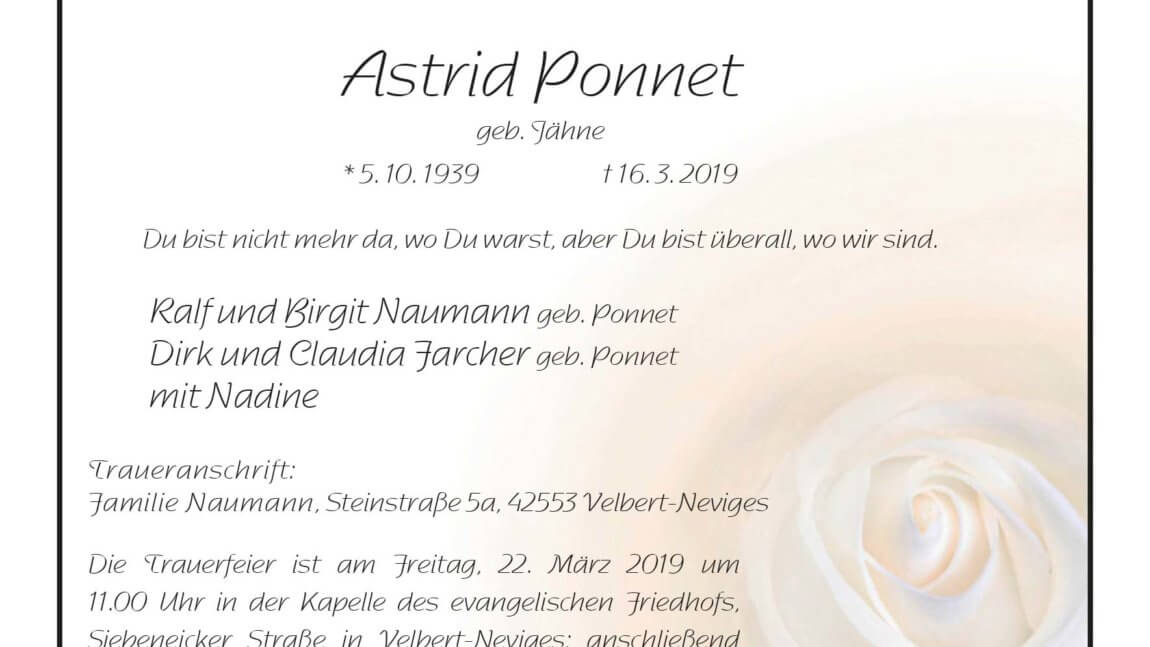Astrid Ponnet † 16. 3. 2019