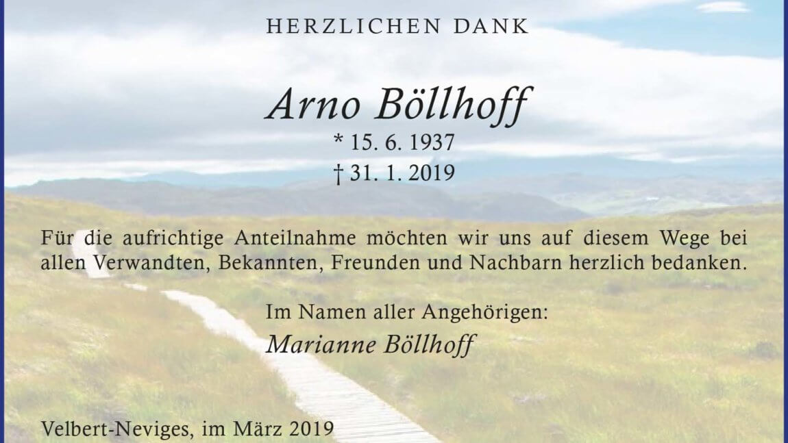 Arno Böllhoff -Danksagung-