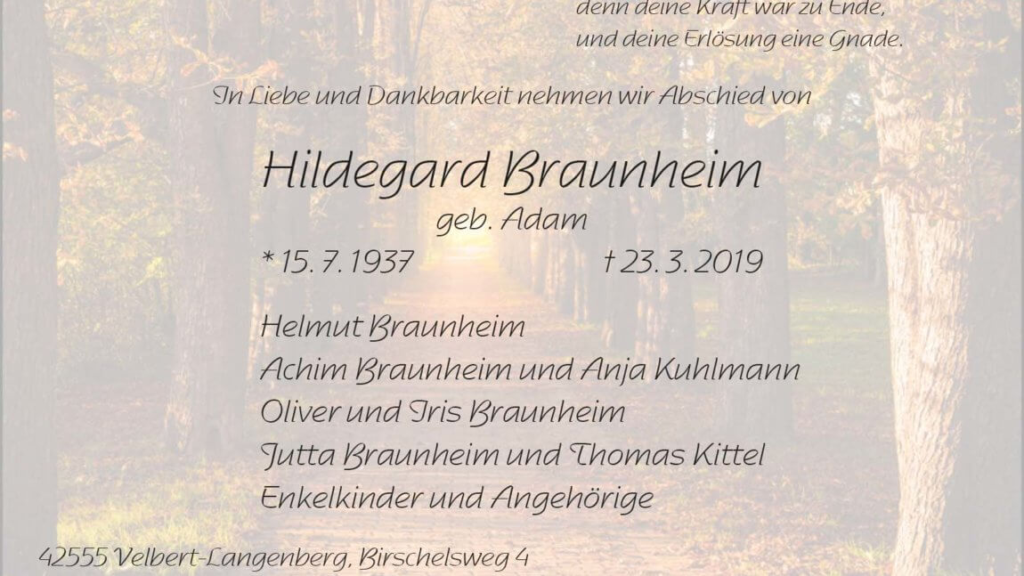 Hildegard Braunheim † 23. 3. 2019