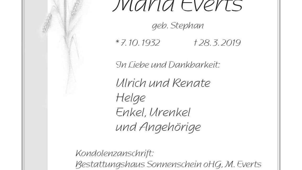 Maria Everts † 28. 3. 2019