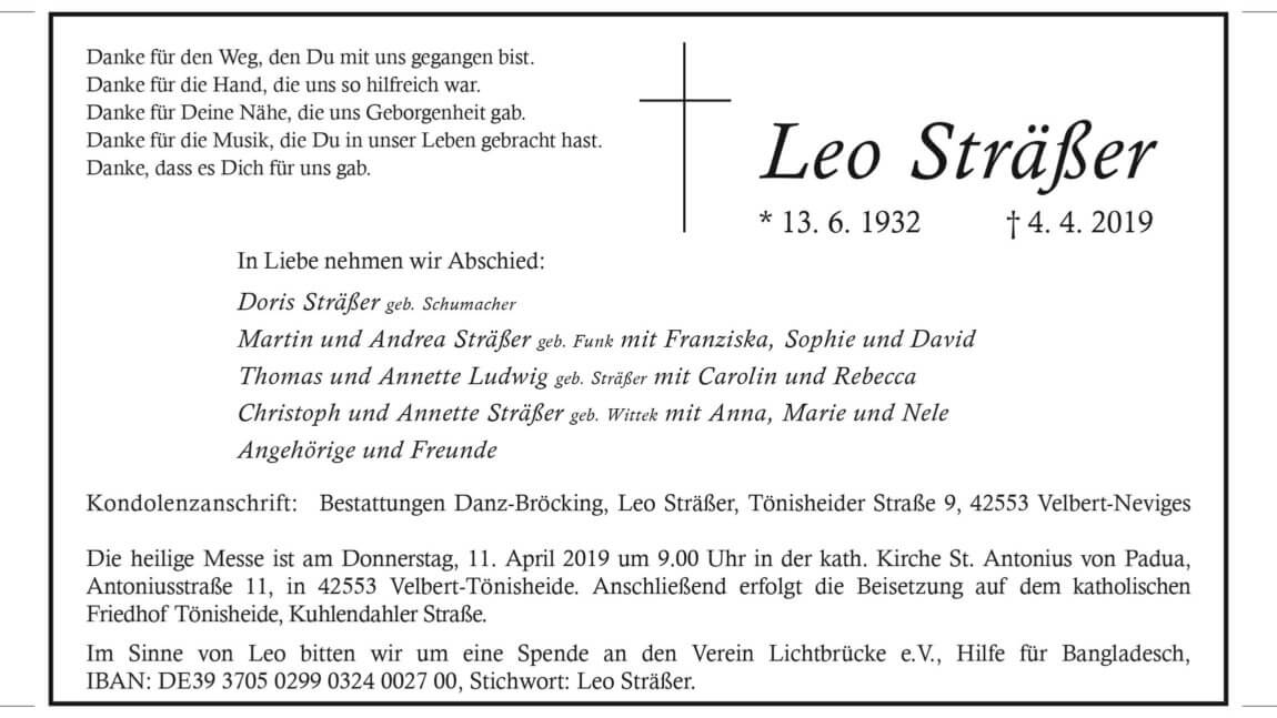 Leo Sträßer † 4. 4. 2019