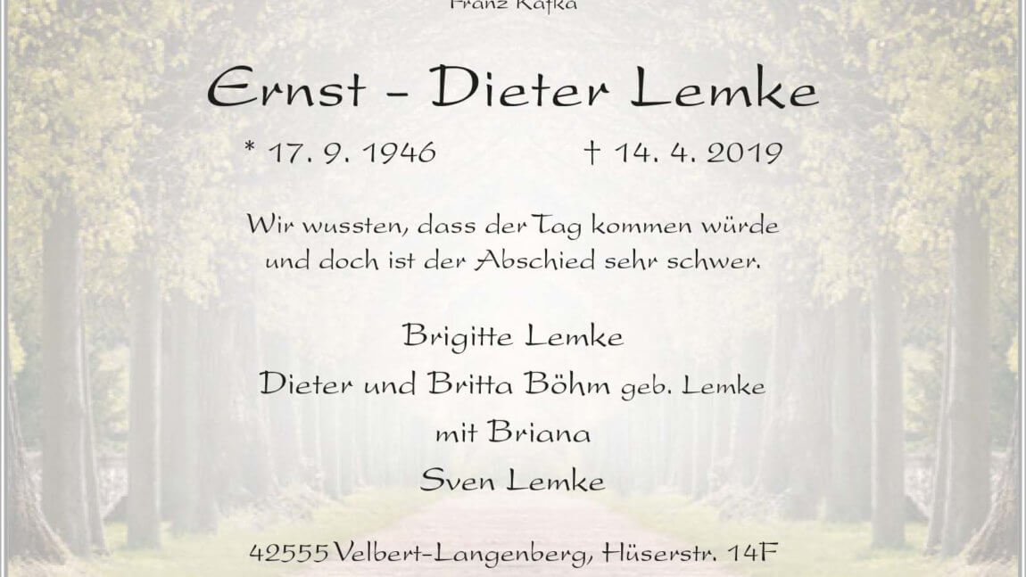 Ernst-Dieter Lemke † 14. 4. 2019