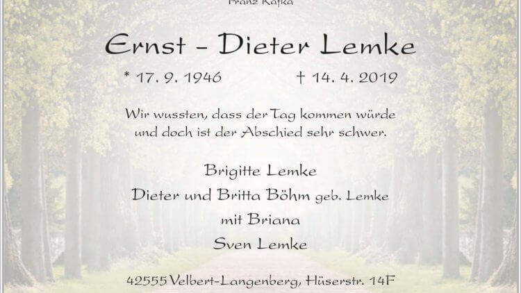 Ernst-Dieter Lemke † 14. 4. 2019