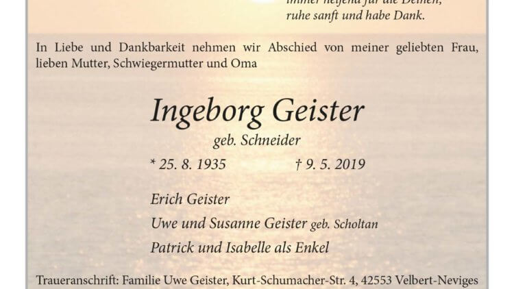 Ingeborg Geister † 9. 5. 2019
