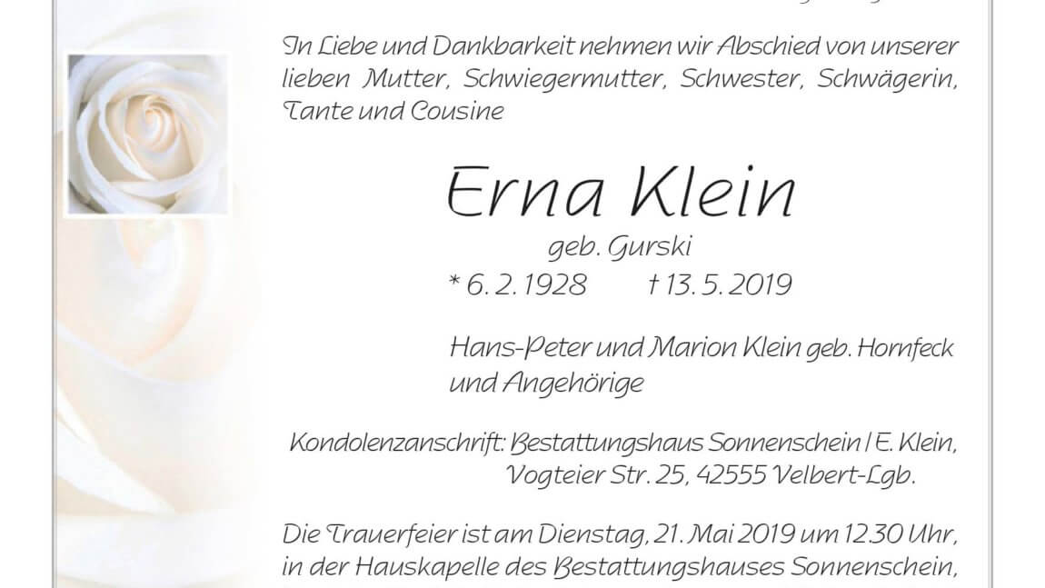 Erna Klein † 13. 5. 2019