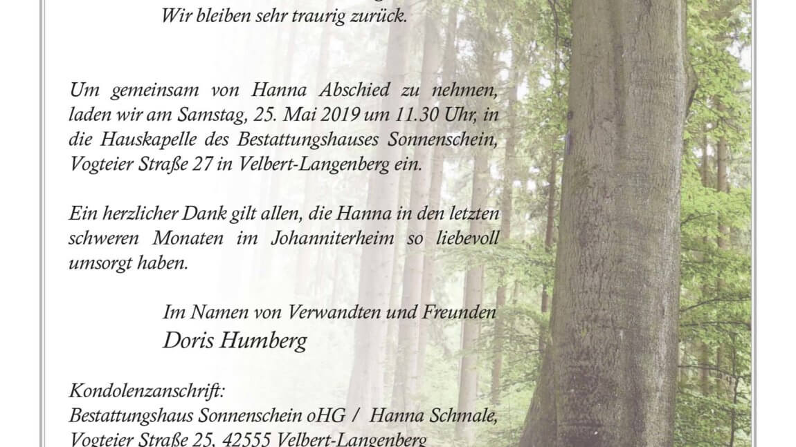 Hanna Schmale † 14. 5. 2019