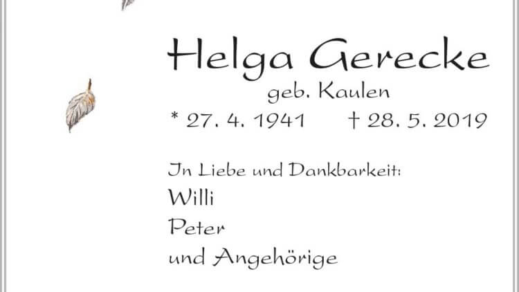 Helga Gerecke † 28. 5. 2019