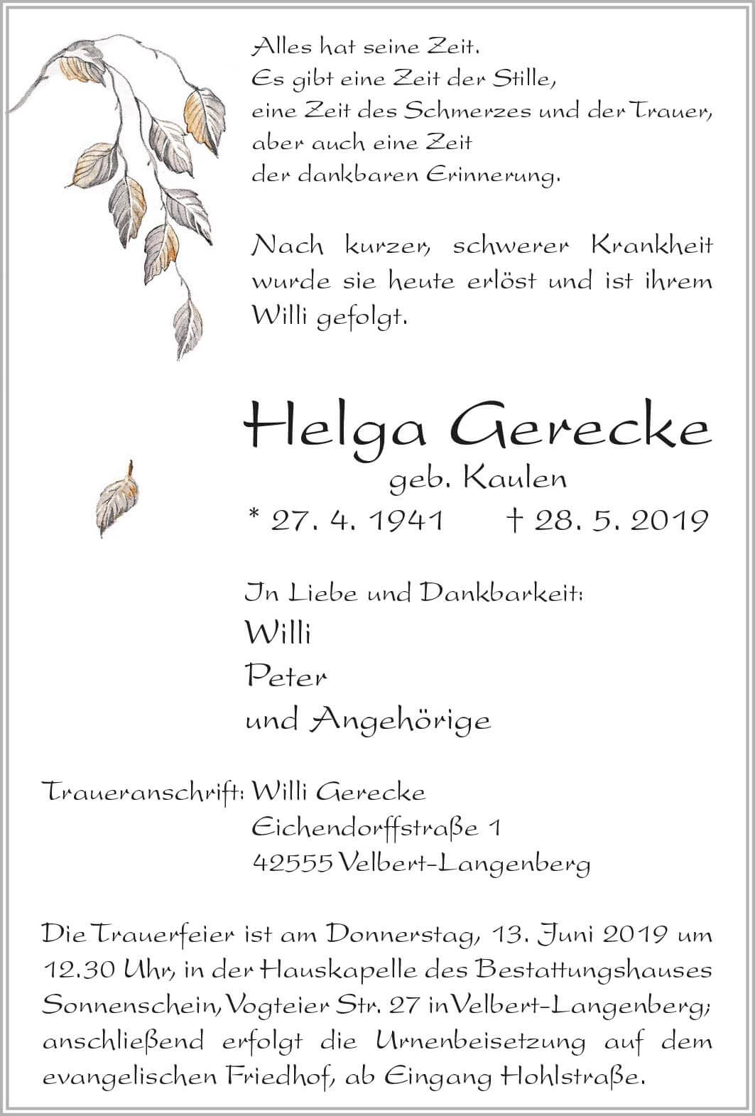 Helga Gerecke † 28. 5. 2019