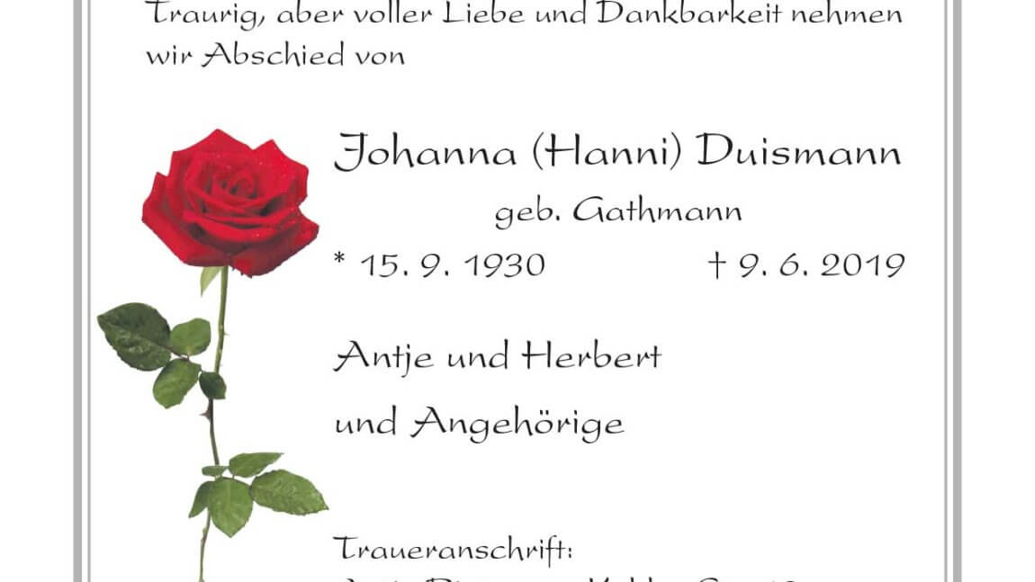 Johanna Duismann † 9. 6. 2019