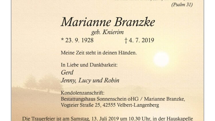 Marianne Branzke † 4. 7. 2019