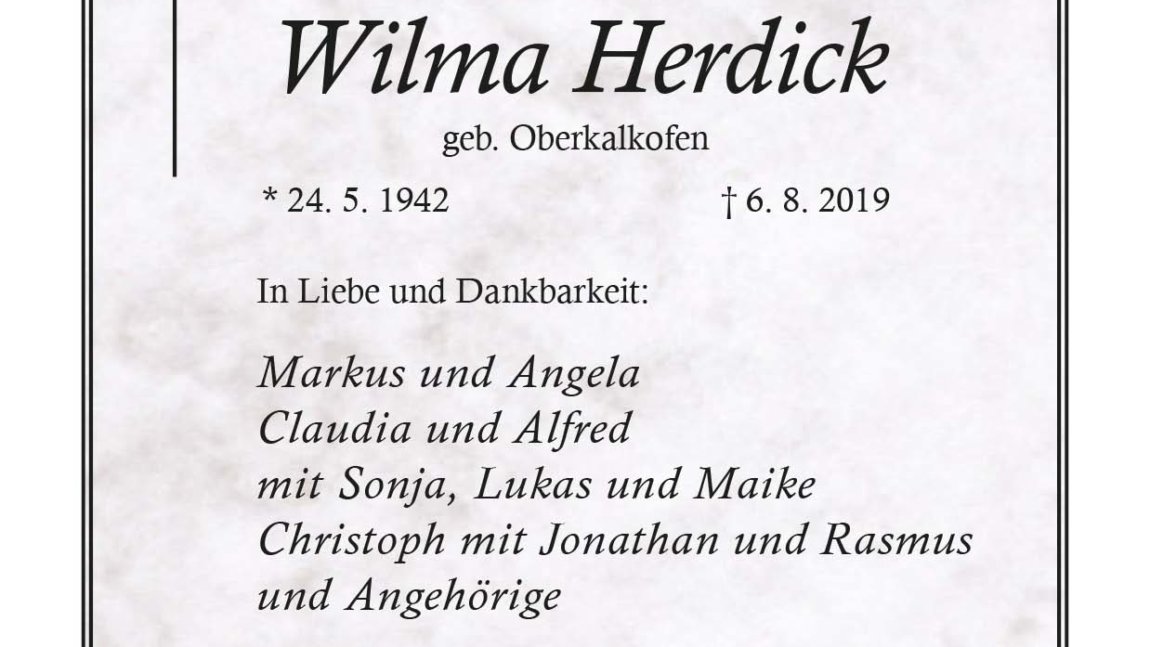 Wilma Herdick † 6. 8. 2019