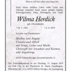 Wilma Herdick † 6. 8. 2019