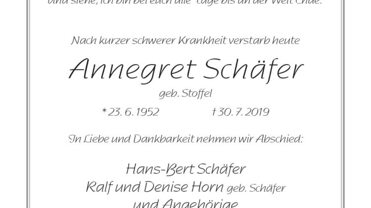 Annegret Schäfer † 30. 7. 2019
