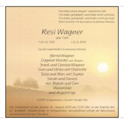 Resi Wagner † 12. 8. 2019