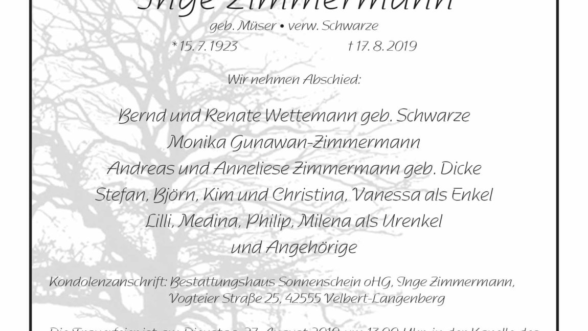 Inge Zimmermann † 17. 8. 2019