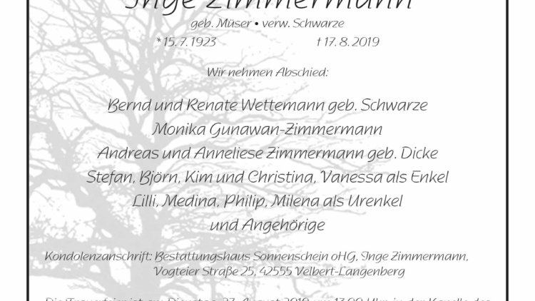 Inge Zimmermann † 17. 8. 2019