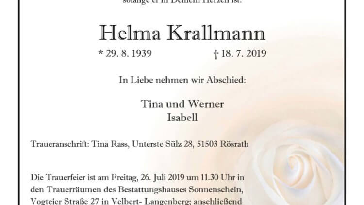 Helma Krallmann † 18. 7. 2019