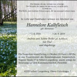 Hannelore Kalbfleisch † 26. 9. 2019