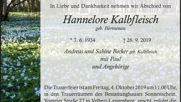 Hannelore Kalbfleisch † 26. 9. 2019
