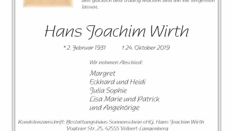 Hans Joachim Wirth † 24. 10. 2019