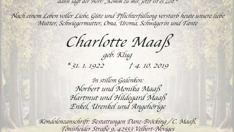 Charlotte Maaß † 4. 10. 2019