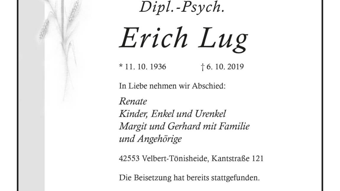 Dipl.-Psych. Erich Lug † 6. 10. 2019